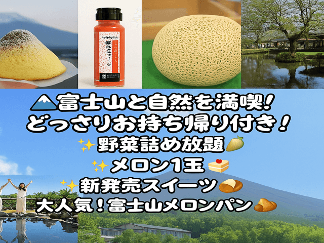 晩春のドッサリ贅沢山梨旅！世界遺産「富士山五合目×忍野八海」＆富士山麓の絶景庭園散策にご当地ソウルフードランチ＆野菜詰め放題・新作スイーツ・メロンなどドッサリお持ち帰り付