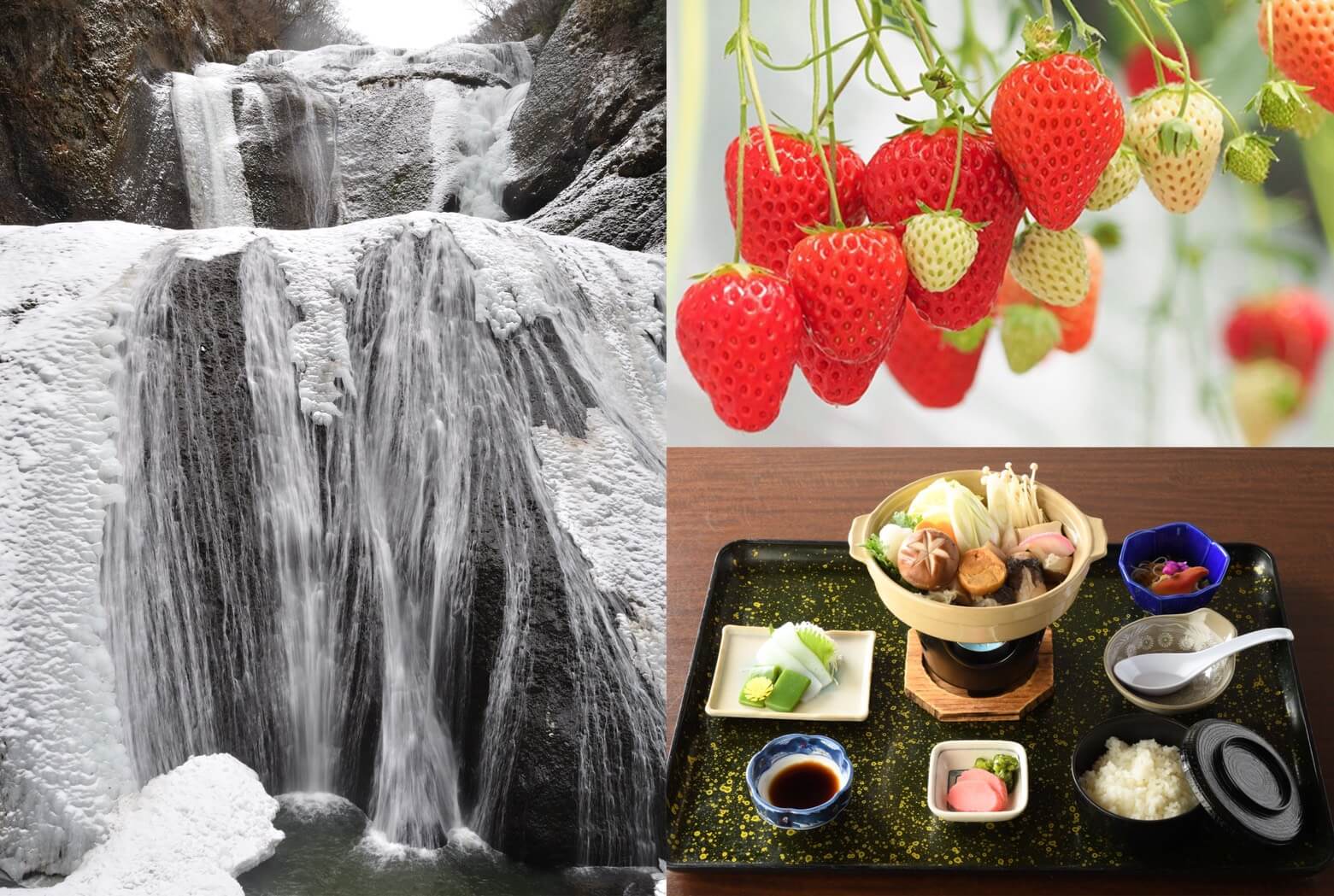 いばらき旬の味覚紀行！「名物あんこう鍋×いちご狩り食べ放題」＆日本三大名瀑！大迫力の「袋田の滝」